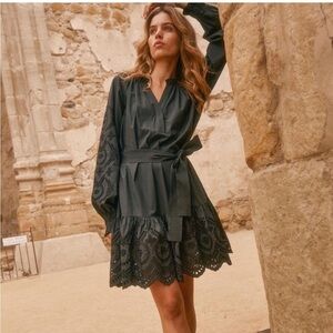 Rails Saylor Eyelet Lace Belted Shirt Dress Black long sleeve short extra large